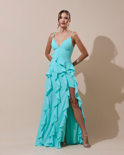 Foto Vestido de Festa Longo Decote V Crepe Chiffon Babados Cascata e Fenda Tiffany