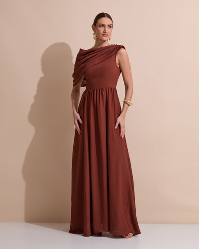 Foto Vestido de Festa Longo Um Ombro Só Crepe Chiffon Capa Drapeado Marrom New