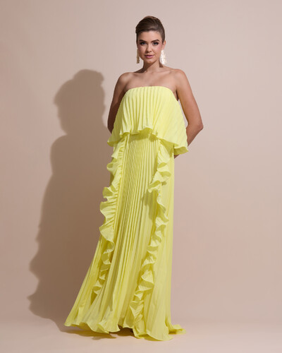 Foto Vestido de Festa Longo Crepe Chiffon Tomara que Caia Plissado com Babado Cascata Amarelo Manteiga
