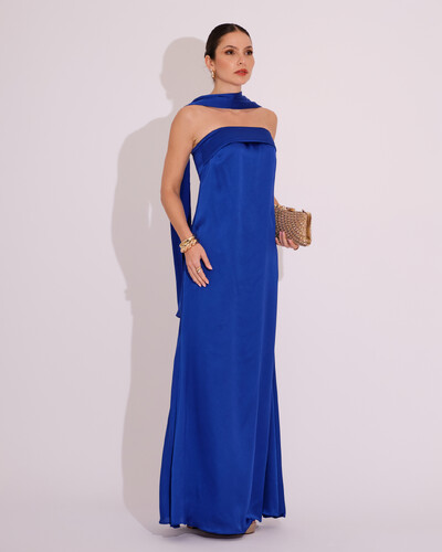 Foto Vestido Longo de Festa Tomara que Caia Cetim com Lenço Azul Royal