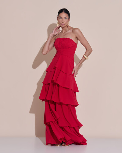 Foto Vestido de Festa Longo Tomara que Caia Drapeado Crepe Chiffon Babados Camadas Vermelho