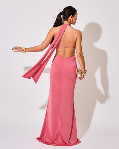 FotoVestido de Festa Longo Malha Jersey Gola Alta Saia Sereia Rosa