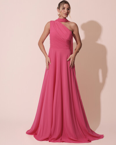 Foto Vestido de Festa Longo Crepe Chiffon Um Ombro Só Drapeado com Lenço Pink New