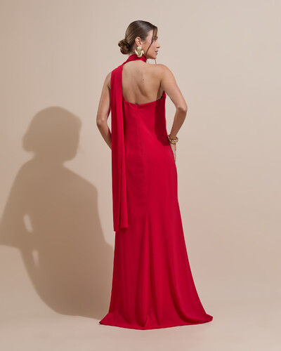 FotoVestido de Festa Longo Crepe Chiffon Um Ombro Só Drapeado Vermelho