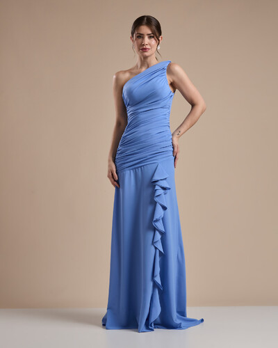 Foto Vestido de Festa Longo Crepe Chiffon Um Ombro Só Drapeado com Babado Cascata Azul Atlantis