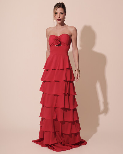 Foto Vestido Longo Crepe Chiffon Tomara que Caia Plissado em Camadas Vermelho