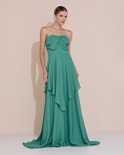 Foto Vestido de Festa Longo Tomara que Caia Crepe Chiffon Drapeado Camadas Verde Matcha Escuro