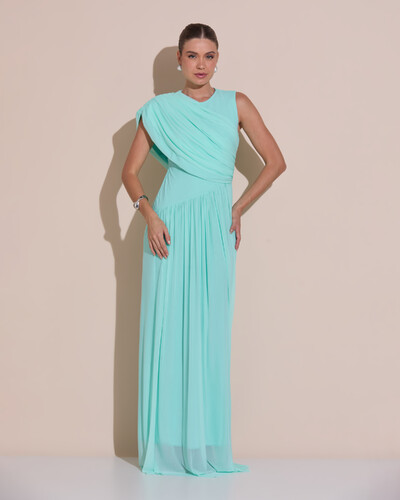 Foto Vestido de Festa Longo Capa Drapeado Tule Saia Fluida Tiffany