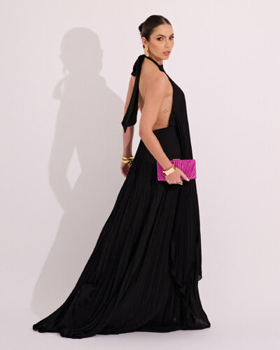 FotoVestidos de Festa Longo Chiffon Fluido Frente Única Plissado Duplo Preto