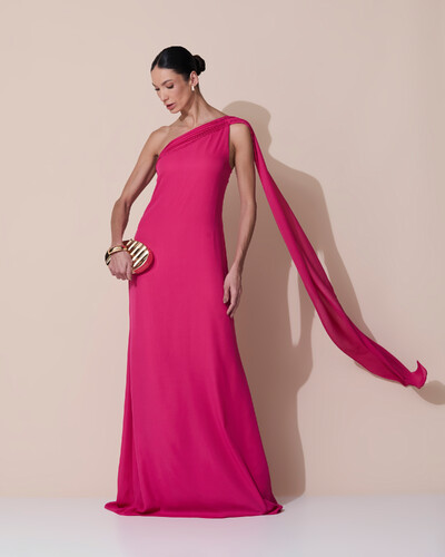 Foto Vestido de Festa Longo Crepe Chiffon Um Ombro Só Drapeado Pink Escuro