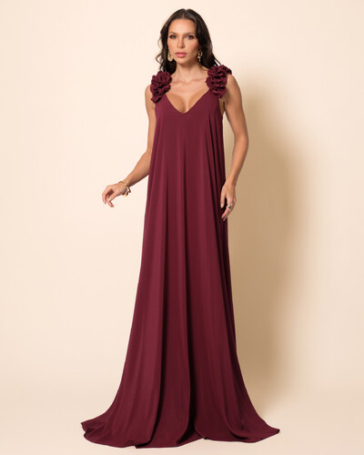 Foto Vestido de Festa Longo Crepe Chiffon Fluido Decote em V Flores Marsala