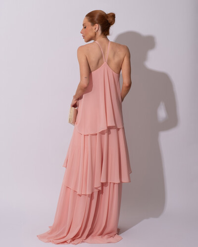 FotoVestido Longo Crepe Chiffon Babado em Camadas Rose Gold