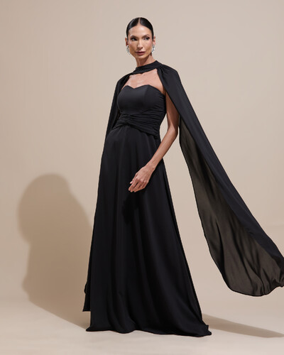Foto Vestido de Festa Longo Tomara Que Caia Crepe Chiffon Drapeado Capa Preto