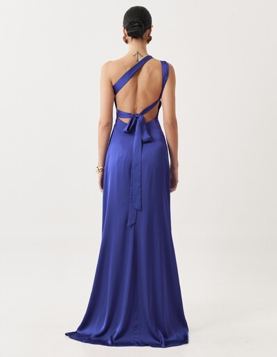 FotoVestido de Festa Longo Cetim Fluido Um Ombro Só Amarração Costas Azul Royal
