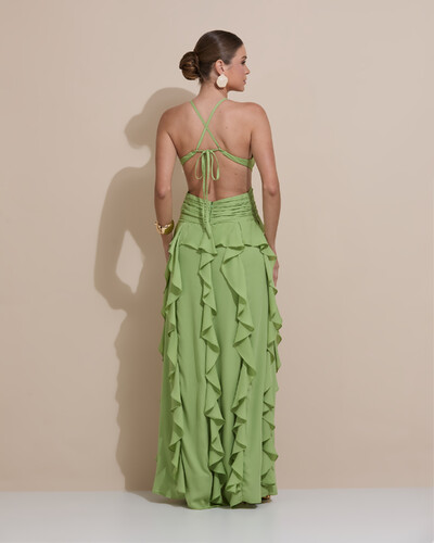 Foto Vestido de Festa Longo Decote V Recortes Drapeado Crepe Chiffon Babados Cascata Verde Garden
