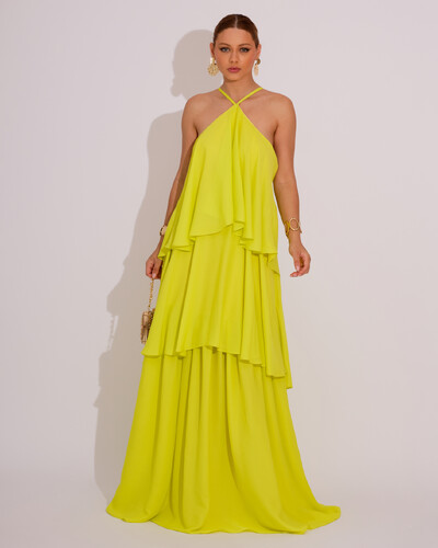 Foto Vestido Longo Babado em Camadas Verde Lima New