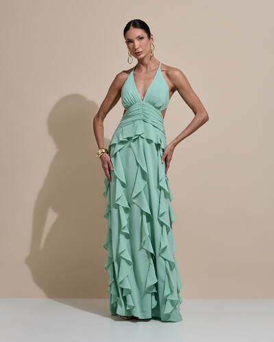 Foto Vestido de Festa Longo Decote V Recortes Drapeado Crepe Chiffon Babados Cascata Verde Menta