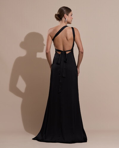 Foto Vestido de Festa Longo Cetim Fluido Um Ombro Só Amarração Costas Preto
