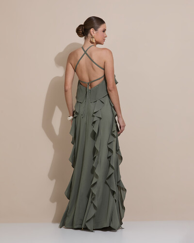 Foto Vestido de Festa Longo Crepe Chiffon Frente Única Babados Cascata e Flor Verde Oliva