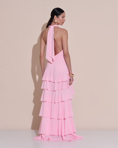 Foto Vestido De Festa Longo Frente Única Degagê Crepe Chiffon Babados Mullet Rosa Claro