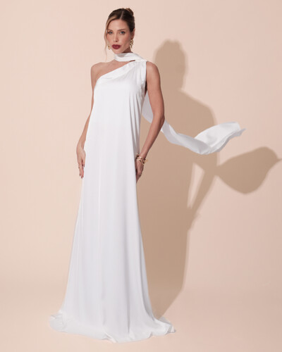 Foto Vestido de Festa Longo Cetim Fluido Um Ombro Só Branco