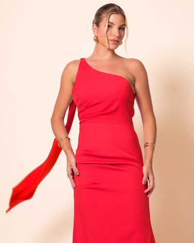 FotoVestido de Festa Longo Alafataria Um Ombro Só Detalhe Drapeado Vermelho