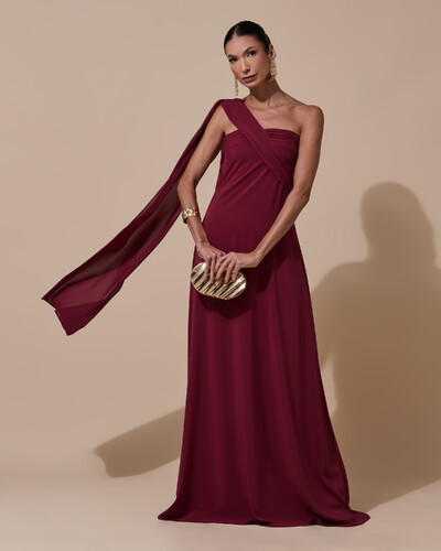 Foto Vestido de Festa Longo Tomara que Caia Crepe Chiffon Lenço Drapeado Costas Trançada Marsala New
