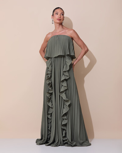 Foto Vestido de Festa Longo Crepe Chiffon Tomara que Caia Plissado com Babado Cascata Verde Oliva