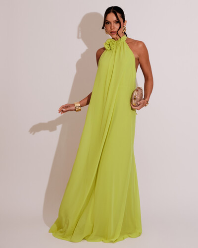 Foto Vestido Longo Crepe Frente Única Fluido Flor Removível Verde Lima