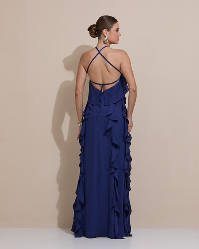 Foto Vestido de Festa Longo Crepe Chiffon Frente Única Babados Cascata e Flor Azul Marinho