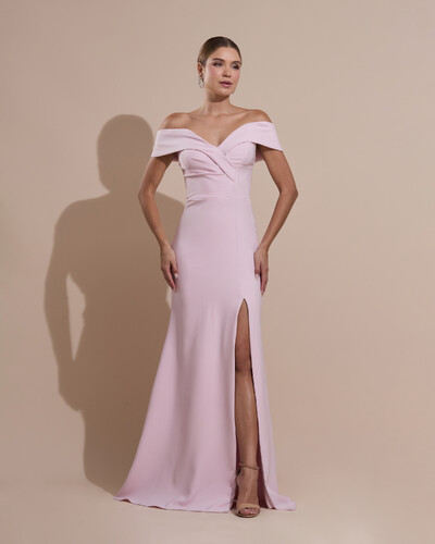 Foto Vestido de Festa Longo Alfaiataria Ombro a Ombro com Fenda Rosa Claro