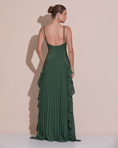 Foto Vestido de Festa Longo Crepe Chiffon Alça Fina Saia Plissada com Babado Cascata Verde Escuro New
