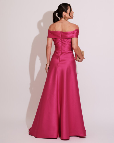 FotoVestido de Festa Longo Zibeline Ombro a Ombro com Fenda Pink