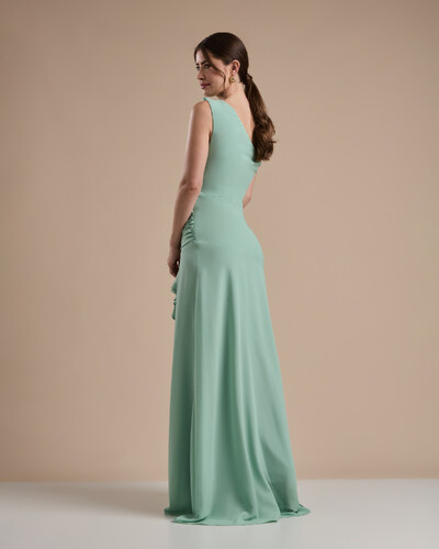 FotoVestido de Festa Longo Crepe Chiffon Um Ombro Só Drapeado com Babado Verde Menta