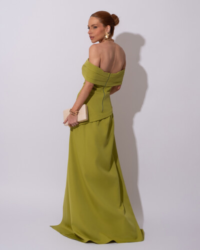 FotoVestido de Festa Longo Alfaiataria Ombro a Ombro Drapeado com Fenda Verde Pistache