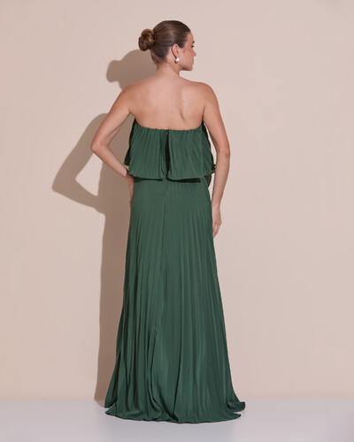 Foto Vestido de Festa Longo Crepe Chiffon Tomara que Caia Plissado com Babado Cascata Verde Escuro New