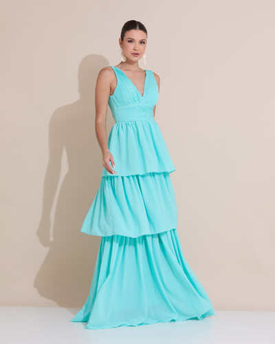 Foto Vestido de Festa Longo Decote V Crepe Chiffon Plissado Camadas Babado Tiffany