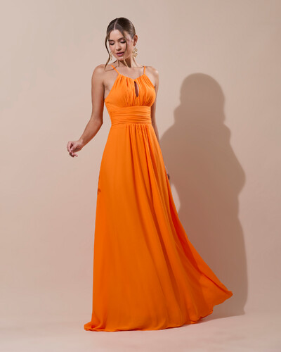 Foto Vestido de Festa Longo Crepe Chiffon Drapeado com Alças e Saia Fluida Laranja