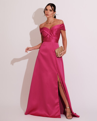 Foto Vestido de Festa Longo Zibeline Ombro a Ombro com Fenda Pink