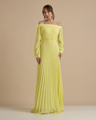 Foto Vestido de Festa Longo Crepe Chiffon Plissado Ombro a Ombro Amarelo Manteiga