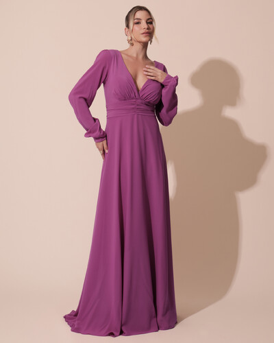 Foto Vestido de Festa Manga Longa com Cintura Drapeada Decote V Fúcsia