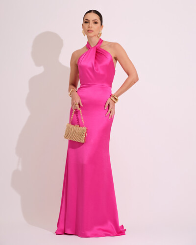 Foto Vestido de Festa Longo em Cetim Alfaiataria com Elastano Frente Única Pink