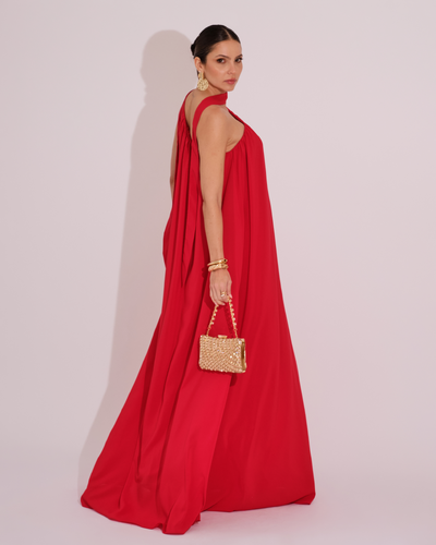 FotoVestido de Festa Longo Crepe Fluido um Ombro Só com Lenço Vermelho