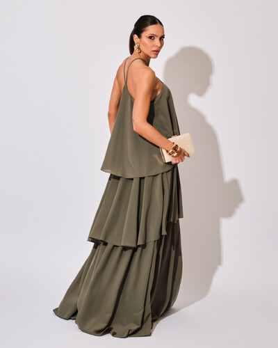 FotoVestido Longo Babado em Camadas Verde Oliva