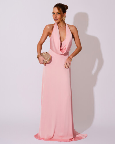 Foto Vestido de Festa Longo Frente Única Degagê Cetim Fluido Rose Gold