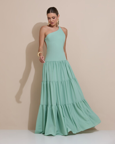 Foto Vestido de Festa Longo Um ombro Só Crepe Chiffon Saia Fluida Verde Menta