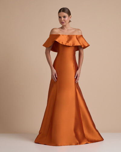 Foto Vestido de Festa Longo Zibeline Ombro a Ombro com Babado Terracota