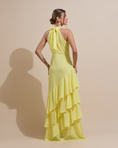 FotoVestido de Festa Longo Chiffon Crepe Gola Alta Babados Amarelo Manteiga