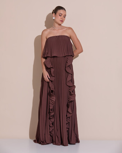 Foto Vestido de Festa Longo Crepe Chiffon Tomara que Caia Plissado com Babado Cascata Marrom