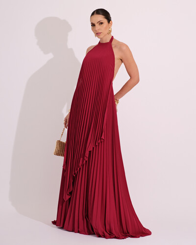 Foto Vestidos de Festa Longo Chiffon Fluido Frente Única Plissado Duplo Cereja